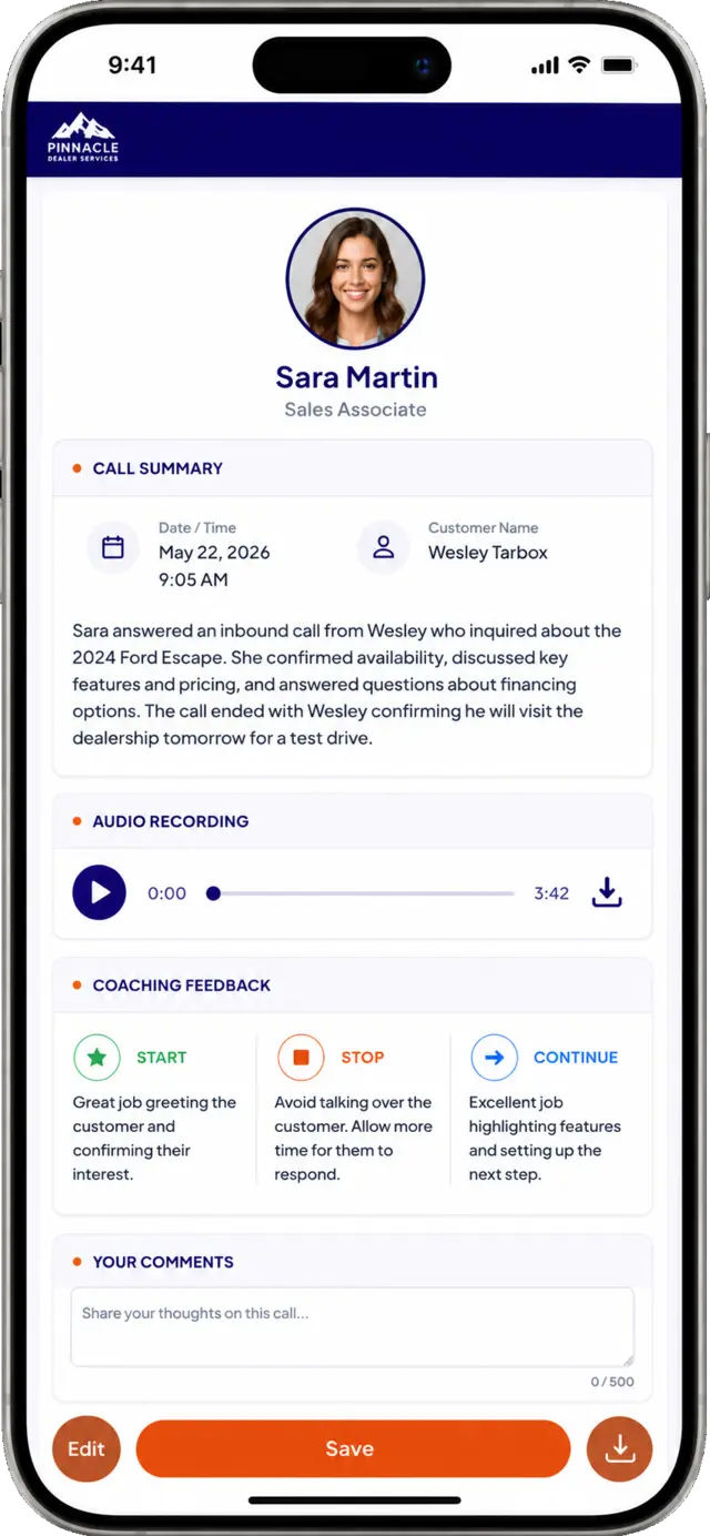 Automated call coaching on a phone, branded for Pinnacle Dealer Services: a call summary for sales associate Sara Martin, the audio recording, Start / Stop / Continue coaching feedback, and a comment box.